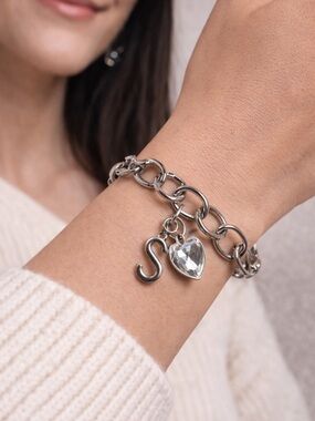 paparazzi Silver-Tone Chain Bracelet with Heart Crystal & 'S' Initial Charm